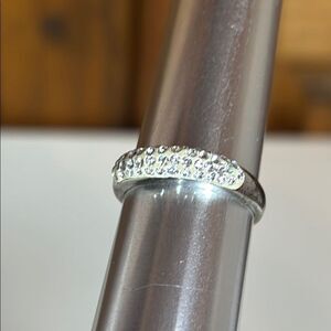 Slim Silver Tone and Pale Yellow Ring with Rhinestones Size 7.25